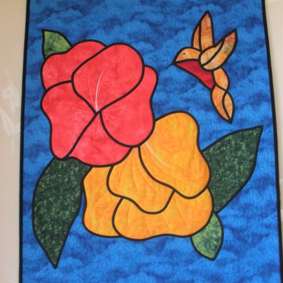 Quilted Fusible Applique Hummingbird Hibiscus 29 1/4" x 23 1/4" Handmade Panel - Picture 6 of 16